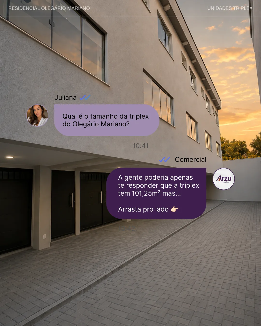 Fachada do Residencial Olegário Mariano com a pergunta sobre o tamanho do triplex: 101,25 m²