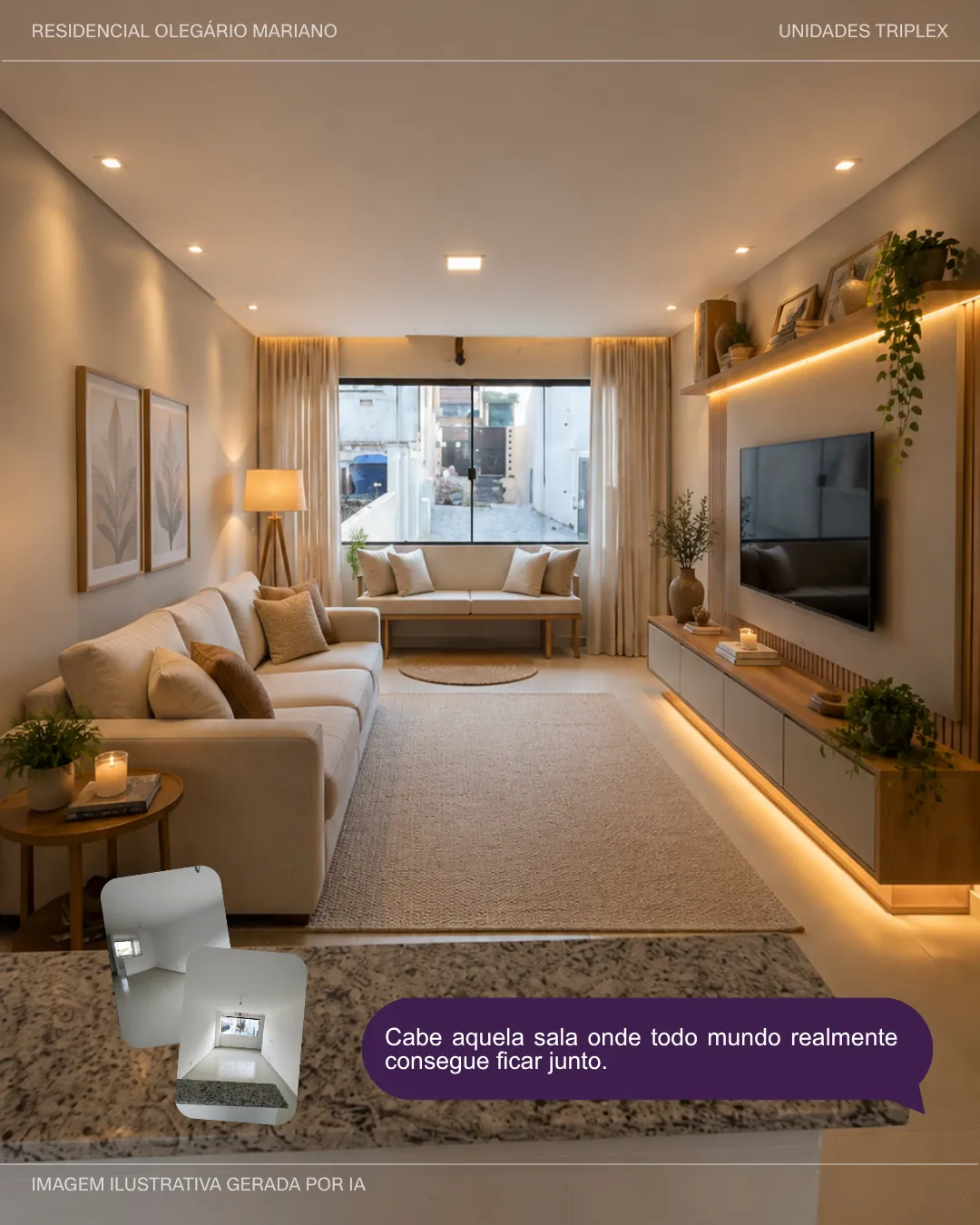 Ilustração da sala de estar mobiliada, gerada por IA a partir do ambiente real