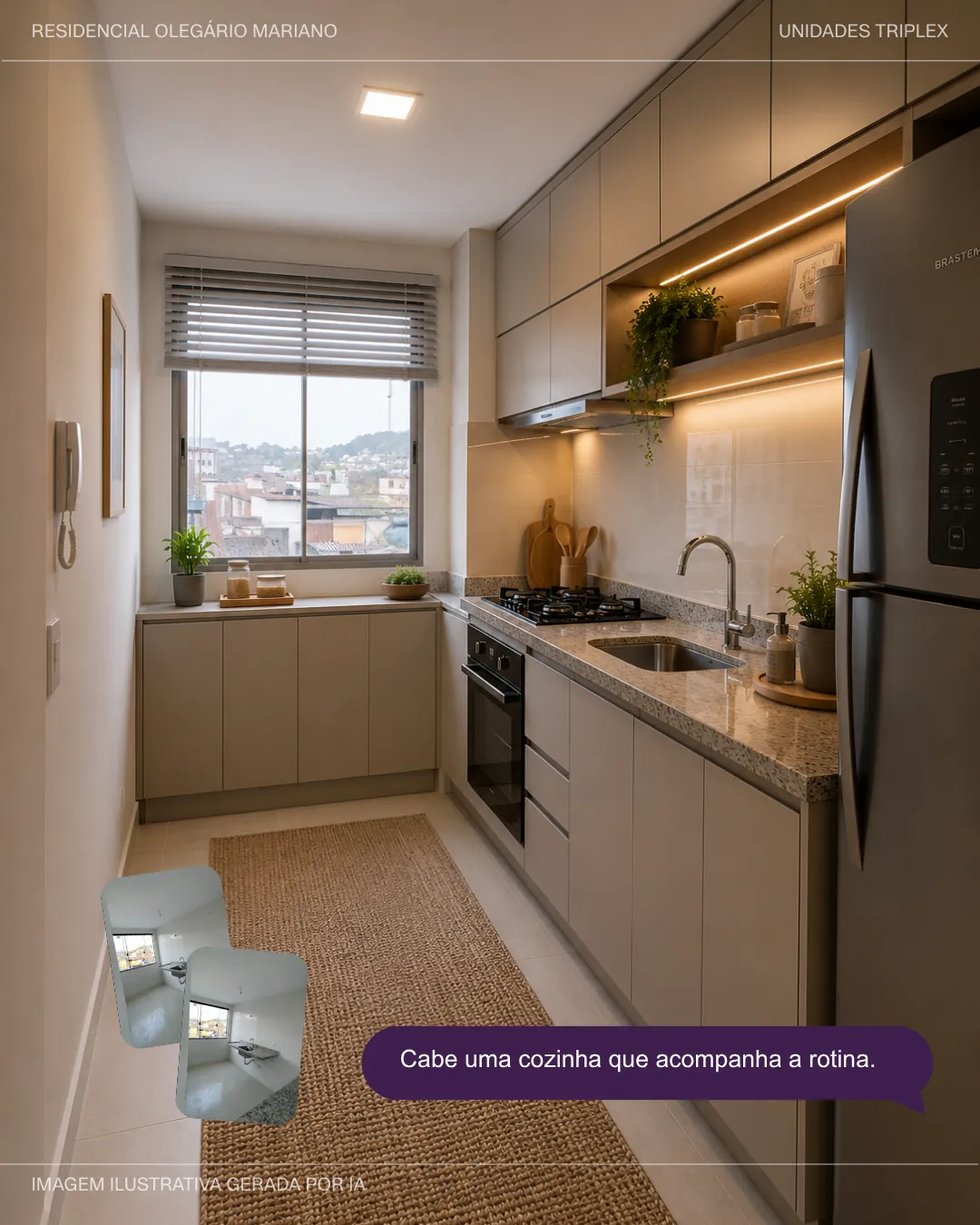 Ilustração da cozinha mobiliada, gerada por IA a partir do ambiente real