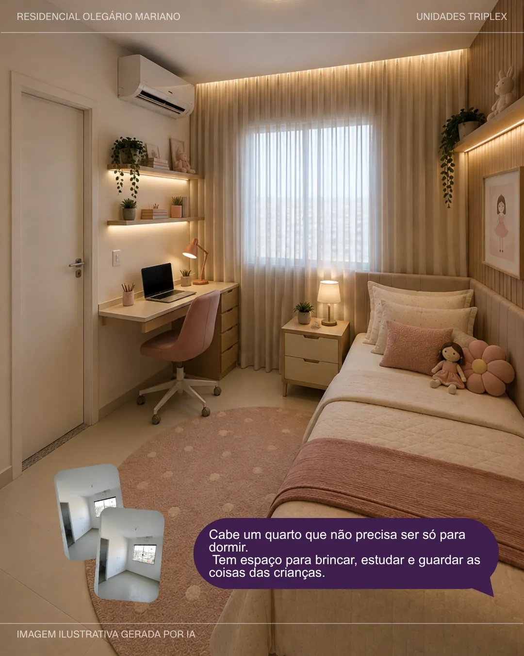 Ilustração de quarto infantil com espaço para estudar, gerada por IA a partir do ambiente real